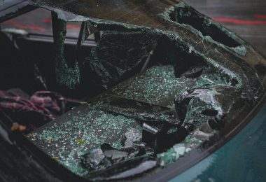 a broken windshield of a car
