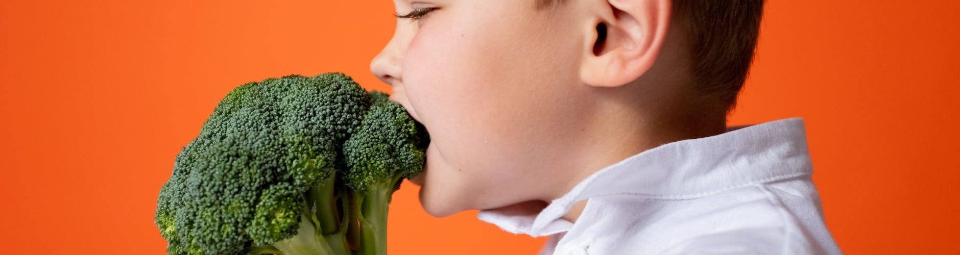 boy in white dress shirt holding green vegetable