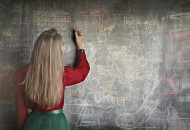 woman in red long sleeve writing on chalk board