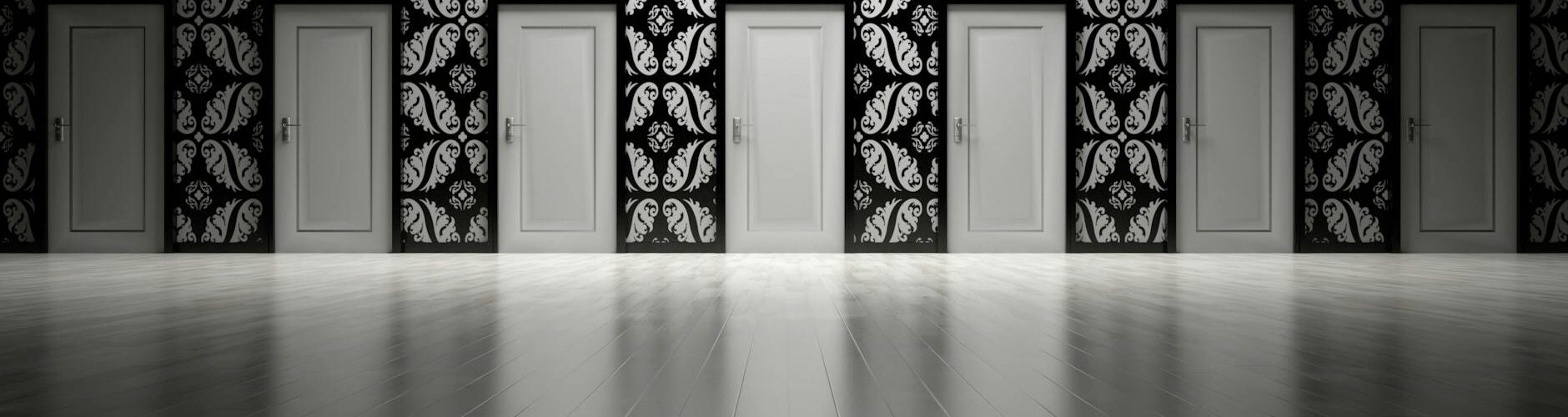 seven white closed doors